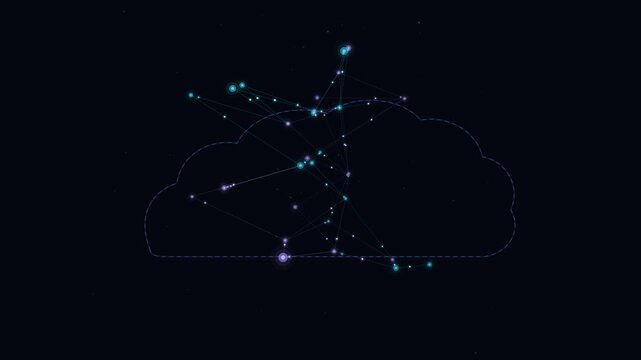Abstract digital cloud computing network with glowing nodes and data lines