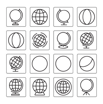 Collection of globe icons with simple line art style representing global concepts and geography