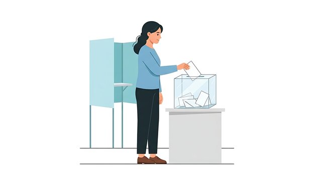 Modern Flat vector illustration of a woman voting at a polling station, placing a ballot into a transparent ballot box.