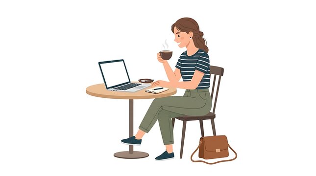 Modern Flat vector illustration of a woman sitting at a cafe table using her laptop while drinking coffee, handbag beside her.