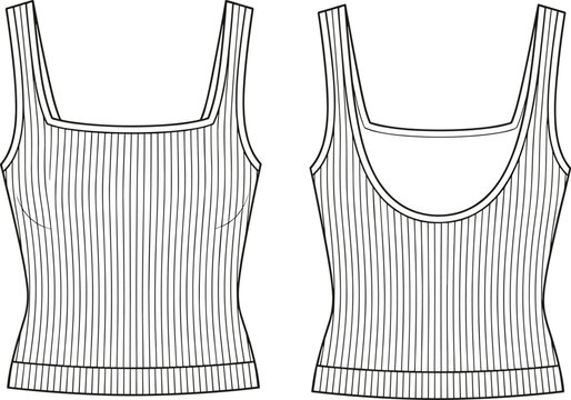 Vector technical fashion flat sketch of women ribbed tank tops with square neckline and scoop back for apparel design