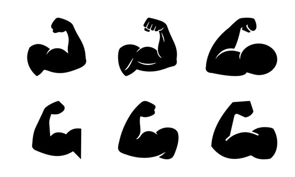 Biceps muscle flexion silhouettes displayed in a grid format representing fitness and strength training icons.