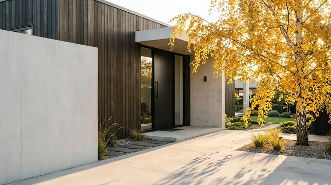Modern house exterior with dark wood siding and concrete entrance