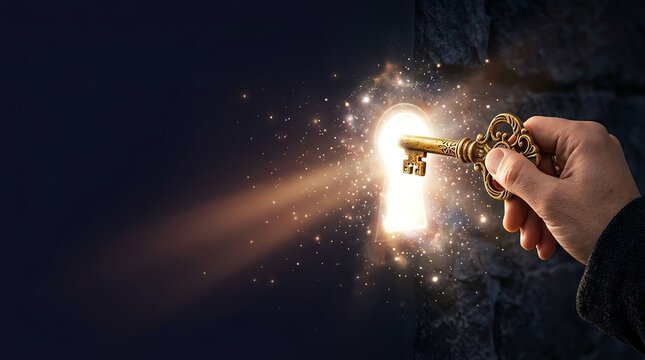 Hand holding vintage key towards glowing keyhole in dark wall