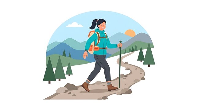 Modern Flat vector illustration of a woman hiking on a mountain trail, wearing a backpack and hiking boots.
