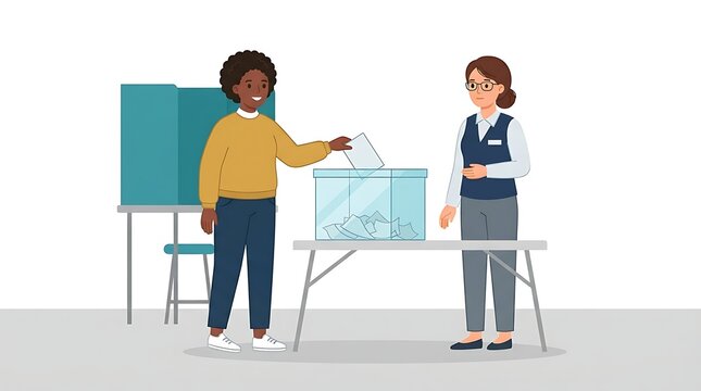 Modern Flat vector illustration of a woman casting her vote while an election worker observes the process.