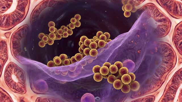 Bacterial cell invade: Staphylococcus cluster, pathogen multiplication, infection spread, organism attack, disease micro, host tissue, immune response, medical science, health peril, microbial threat.