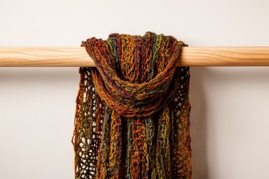 Colors of yarn scarf hanging on wooden rod indoors