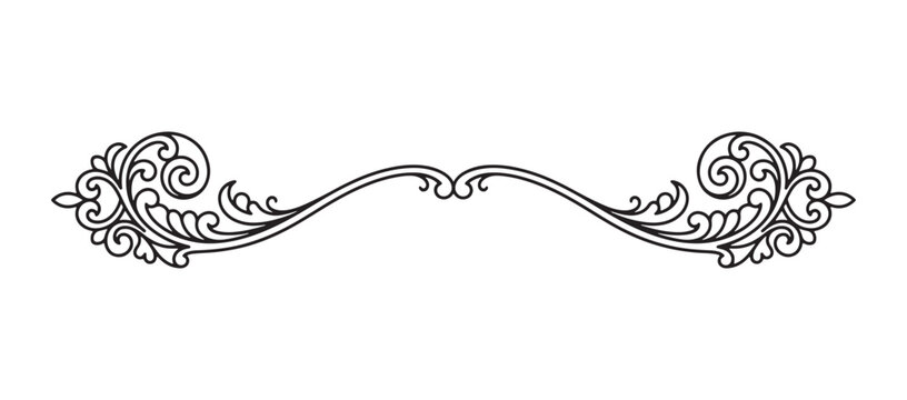 Symmetrical ornamental flourish with scrollwork and leaves in a classic black and white line art vector style for elegant stationery and page divider designs