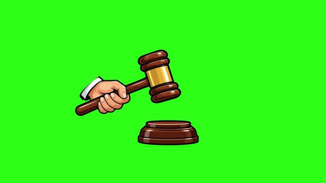 Animated judge gavel knocking on wooden block on green screen. Perfect for law, justice, court, auction, and legal service videos.