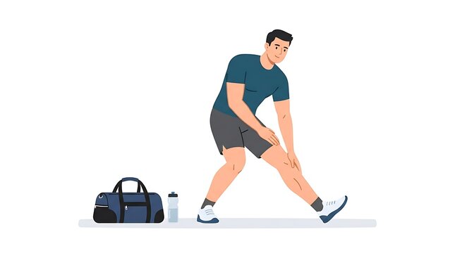 Modern Flat vector illustration of a man stretching his legs before exercising at the gym, wearing sportswear and sneakers.