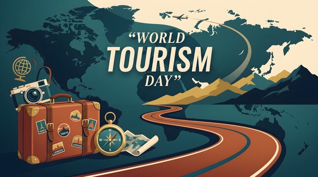 A vector illustration depicts travel elements surrounding the text world tourism day adventure aerial