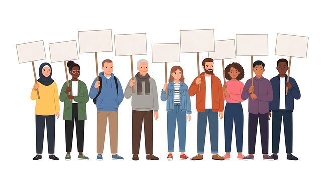 Modern Flat vector illustration of citizens standing together peacefully holding blank protest signs without any writing.