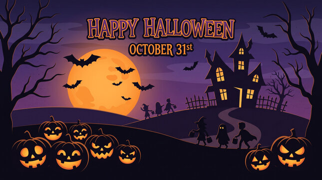 Happy Halloween October 31st Illustration with Haunted House and Pumpkins