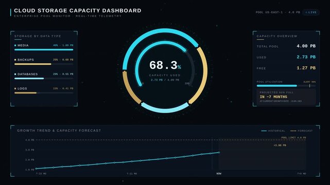 Digital cloud storage capacity dashboard interface with data visualization