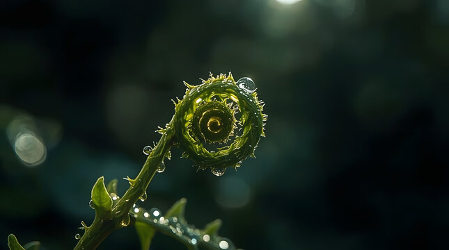 Macro Fern Frond Unfurling with Morning Dew Drops and Fresh Green Tones with Copy Space for Text