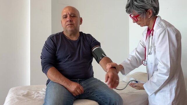 Doctora veterana colocando brazalete para medir la presi&oacute;n arterial