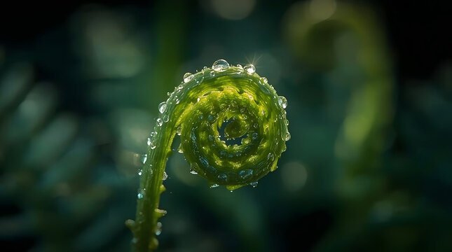 Macro Fern Frond Unfurling with Morning Dew Drops and Fresh Green Tones with Copy Space for Text