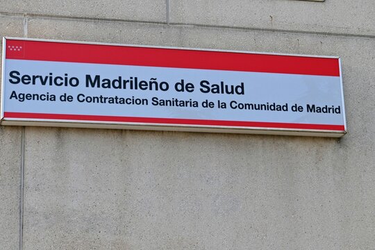 Exterior information sign for the Madrid Health Service (Servicio Madrile&ntilde;o de Salud) in Madrid, Spain, and the Health Contracting Agency of the Community of Madrid September 21, 2026 
