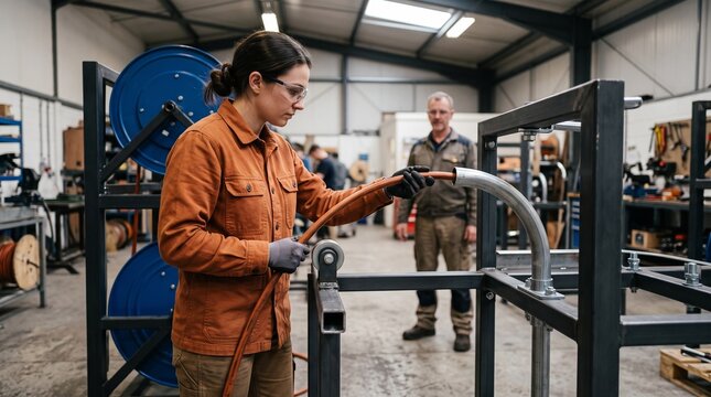 Career changer learns cable routing in a trade workshop