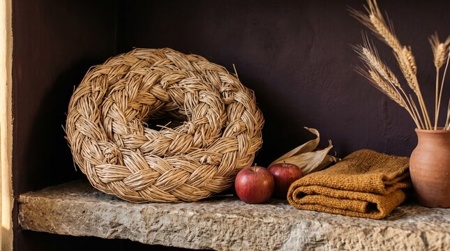 Braided straw and apples in an autumn equinox still life