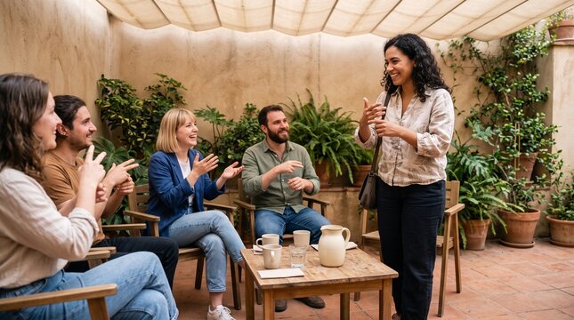 Deaf friends welcome a newcomer with conversation
