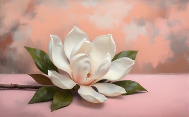 Obraz premium White magnolia blooms softly against warm, hazy pink backdrop with bare tree silhouette.