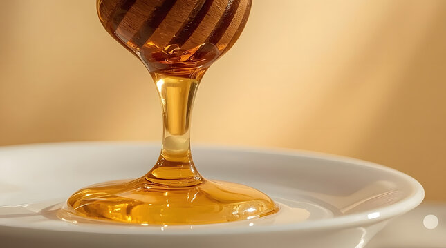 Golden Honey Dripping from Wooden Dipper Macro Shot with Warm Glow and Copy Space for Text Design