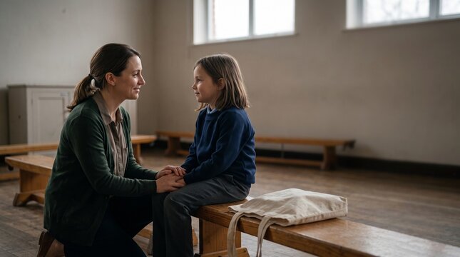 Reassuring teacher and child after a school safety exercise