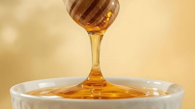 Golden Honey Dripping from Wooden Dipper Macro Shot with Warm Glow and Copy Space for Text Design