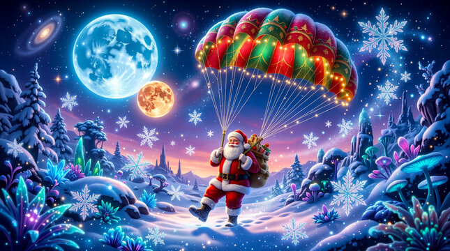 Santa Claus floating with an illuminated parachute over a magical fantasy winter landscape at night