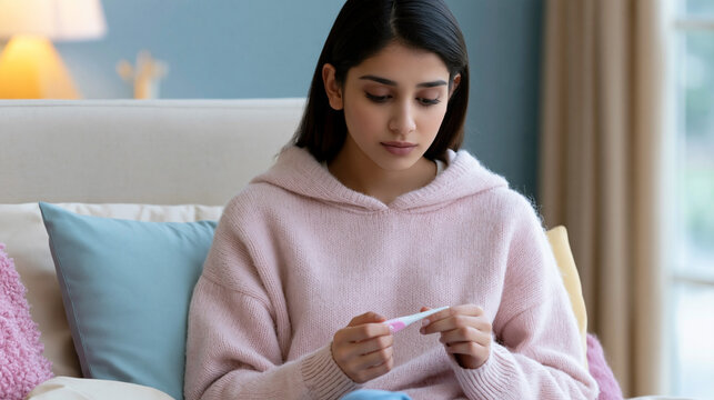 Young woman in pink hoodie examining a small home test while seated on a comfortable sofa in a softly lit bedroom with pillows and window