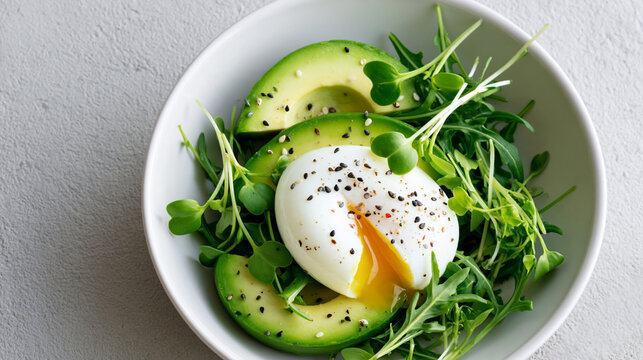 Poached egg with runny yolk, avocado slices, leafy greens, microgreens, and cracked pepper arranged in a white bowl on a textured gray surface overhead