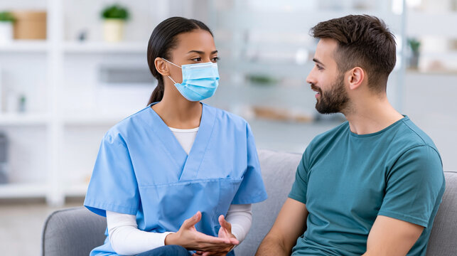 Healthcare professional wearing blue scrubs and surgical mask speaking with bearded man in teal shirt inside bright modern clinic consultation room