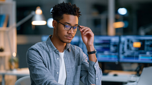 Young man adjusting eyeglasses while working at computer in modern office, wearing casual shirt and wristwatch, focused indoor workplace portrait
