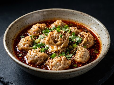 Delicious spicy wontons in a ceramic bowl with chili oil and fresh green herbs on a dark rustic table. chongqing street food