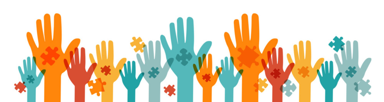 Set of colorful raised hands with puzzle elements.