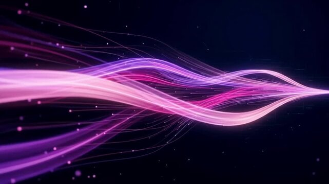 Abstract digital background with glowing pink and purple light trails merging into a single beam