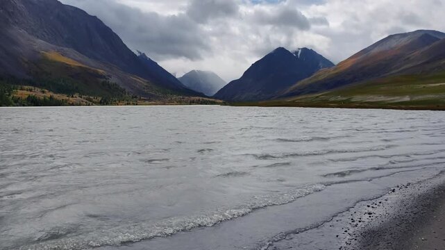 Slow motion video of Altai Lake Akkul. View towards the Sofiysky Glacier on the South Chuya Ridge.