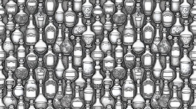 Vintage potion bottles seamless pattern, monochrome hand drawn sketch style, antique apothecary jars background for wrapping paper and textiles
