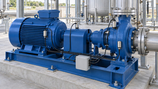 A blue industrial motor and pump assembly connects to process piping. Wired sensors monitor its housing. Predictive maintenance improves industrial reliability and reduces downtime.