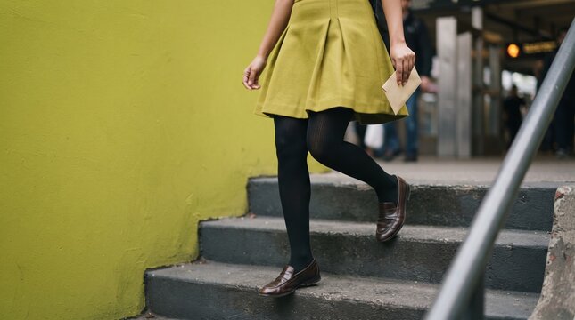 Chartreuse skirt descends into a metro station