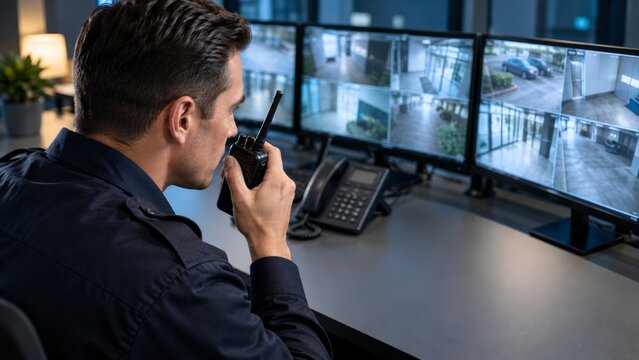 A security operator speaks into a radio while watching CCTV screens. Multiple monitors show a building entrance. Security monitoring supports safety and emergency response.