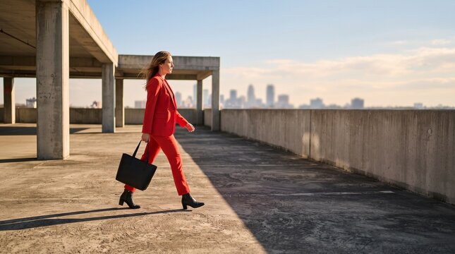 Woman in a red suit crosses an open parking deck