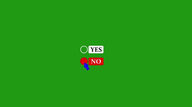 Interactive yes or no choice selection button with mouse cursor click on green screen