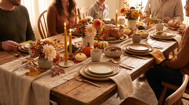Family gathers around a festive dining table during Thanksgiving dinner. A roast turkey anchors the autumn table. Shared food and grateful conversation mark a seasonal gathering at home.