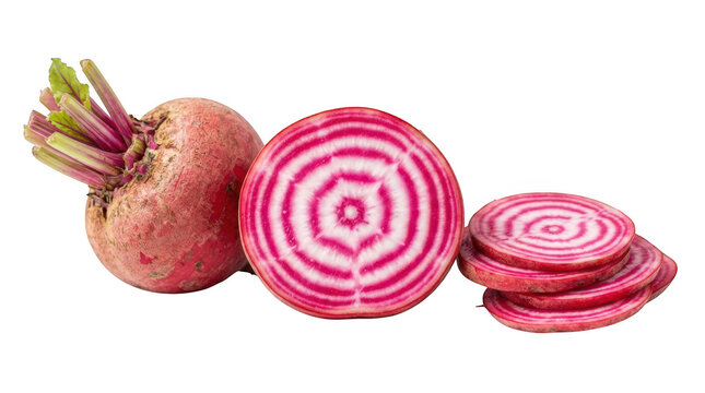 Chioggia beet or candy cane beet whole and sliced isolated on transparent background