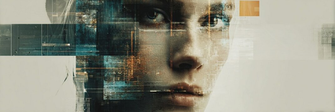 Digital transformation portrait blending human features with technological pixelated elements, symbolizing the intersection of humanity and artificial intelligence