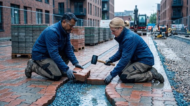 Crew installs interlocking pavers for urban drainage