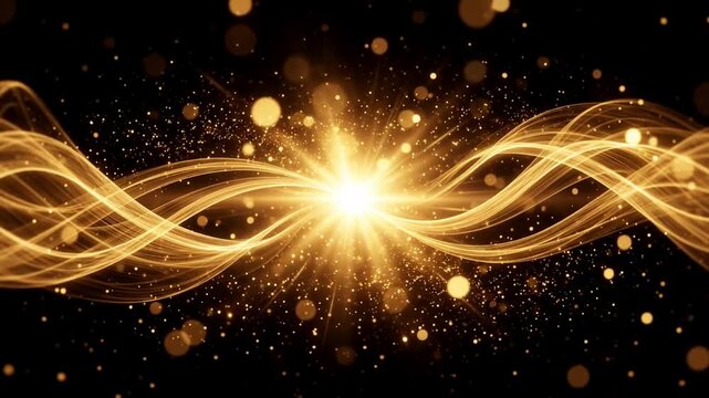 Abstract golden light waves with glowing particles and lens flare on black background